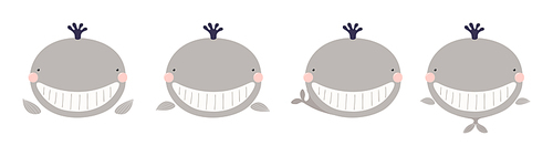 Cute funny whale faces illustrations set. Hand drawn cartoon character. Scandinavian style flat design, isolated vector. Kids print element, poster, card, wildlife, nature, baby animals