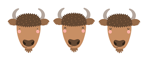 Cute funny bison faces illustrations set. Hand drawn cartoon character. Scandinavian style flat design, isolated vector. Kids print element, poster, card, wildlife, nature, baby animals