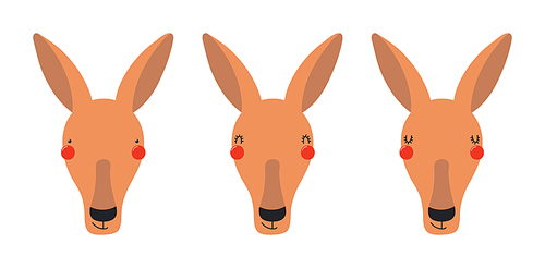 Cute funny kangaroo faces illustrations set. Hand drawn cartoon character. Scandinavian style flat design, isolated vector. Kids print element, poster, card, wildlife, nature, baby animals