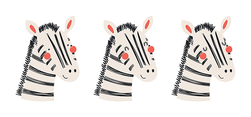 Cute funny zebra faces illustrations set. Hand drawn cartoon character. Scandinavian style flat design, isolated vector. Kids print element, poster, card, wildlife, nature, baby animals