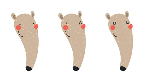 Cute funny anteater faces illustrations set. Hand drawn cartoon character. Scandinavian style flat design, isolated vector. Kids print element, poster, card, wildlife, nature, baby animals