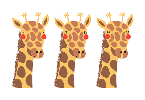 Cute funny giraffe faces illustrations set. Hand drawn cartoon character. Scandinavian style flat design, isolated vector. Kids print element, poster, card, wildlife, nature, baby animals