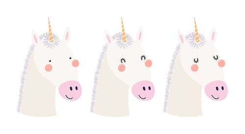 Cute funny unicorn faces illustrations set. Hand drawn cartoon character. Scandinavian style flat design, isolated vector. Kids print element, poster, card, wildlife, nature, baby animals