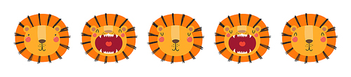 Cute funny lion faces illustrations set. Hand drawn cartoon character. Scandinavian style flat design, isolated vector. Kids print element, poster, card, wildlife, nature, baby animals