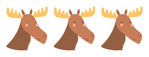 Cute funny moose faces illustrations set. Hand drawn cartoon character. Scandinavian style flat design, isolated vector. Kids print element, poster, card, wildlife, nature, baby animals
