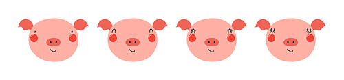 Cute funny pig faces illustrations set. Hand drawn cartoon character. Scandinavian style flat design, isolated vector. Kids print element, poster, card, wildlife, nature, baby animals