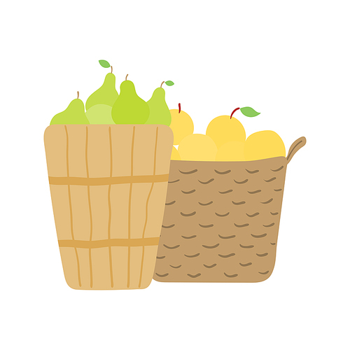 Baskets with pears, apples hand drawn illustration. Cartoon style flat design, isolated vector. Summer, autumn harvest, farmer market print element, farming, gardening, healthy, vegetarian food