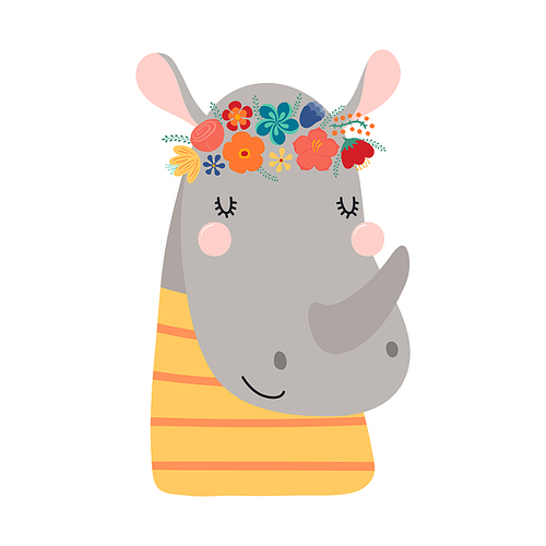 Cute funny rhino in floral wreath, t-shirt. Hand drawn cartoon character illustration. Scandinavian style flat design, isolated vector. Kids print element, flower crown, summer blooms, blossoms