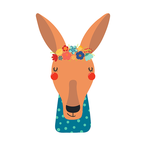 Cute funny kangaroo in floral wreath, t-shirt. Hand drawn cartoon character illustration. Scandinavian style flat design, isolated vector. Kids print element, flower crown, summer blooms, blossoms