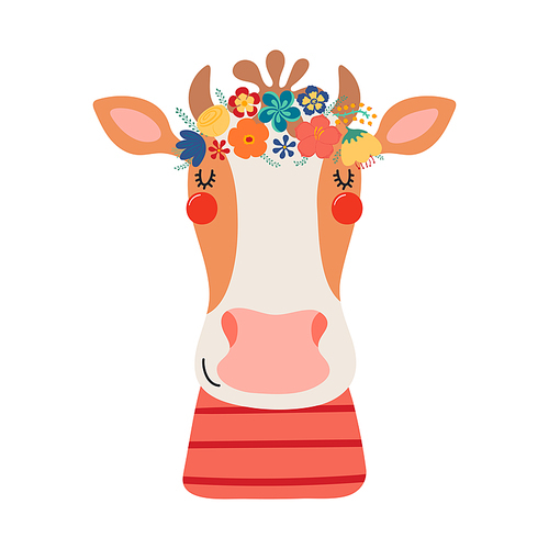 Cute funny cow in floral wreath, t-shirt. Hand drawn cartoon character illustration. Scandinavian style flat design, isolated vector. Kids print element, flower crown, summer blooms, blossoms