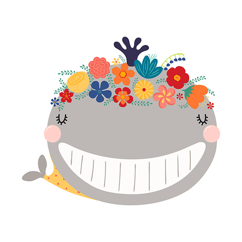 Cute funny whale in floral wreath, t-shirt. Hand drawn cartoon character illustration. Scandinavian style flat design, isolated vector. Kids print element, flower crown, summer blooms, blossoms