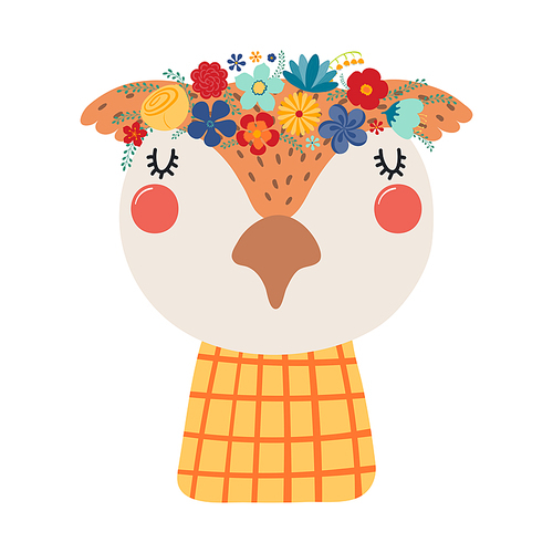 Cute funny owl in floral wreath, t-shirt. Hand drawn cartoon character illustration. Scandinavian style flat design, isolated vector. Kids print element, flower crown, summer blooms, blossoms