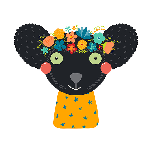 Cute funny indri lemur in floral wreath, t-shirt. Hand drawn cartoon character illustration. Scandinavian style flat design, isolated vector. Kids print element, flower crown, summer blooms, blossoms