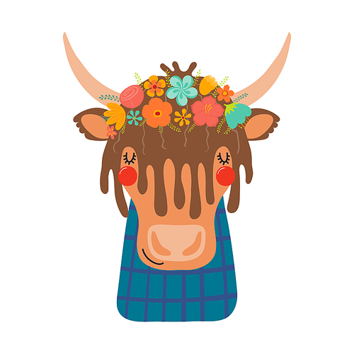 Cute funny yak in floral wreath, t-shirt. Hand drawn cartoon character illustration. Scandinavian style flat design, isolated vector. Kids print element, flower crown, summer blooms, blossoms