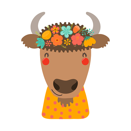 Cute funny bison in floral wreath, t-shirt. Hand drawn cartoon character illustration. Scandinavian style flat design, isolated vector. Kids print element, flower crown, summer blooms, blossoms