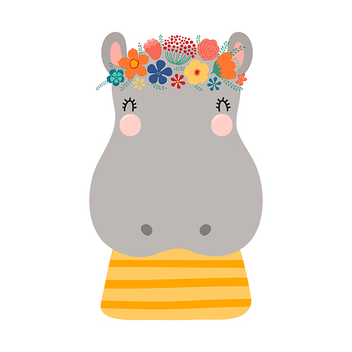 Cute funny hippo in floral wreath, t-shirt. Hand drawn cartoon character illustration. Scandinavian style flat design, isolated vector. Kids print element, flower crown, summer blooms, blossoms