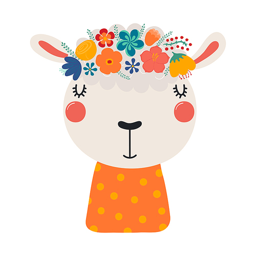 Cute funny sheep in floral wreath, t-shirt. Hand drawn cartoon character illustration. Scandinavian style flat design, isolated vector. Kids print element, flower crown, summer blooms, blossoms