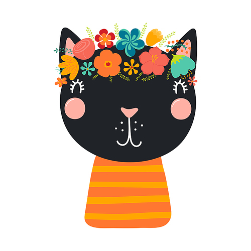 Cute funny cat in floral wreath, t-shirt. Hand drawn cartoon character illustration. Scandinavian style flat design, isolated vector. Kids print element, flower crown, summer blooms, blossoms