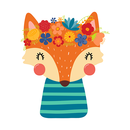 Cute funny fox in floral wreath, t-shirt. Hand drawn cartoon character illustration. Scandinavian style flat design, isolated vector. Kids print element, flower crown, summer blooms, blossoms