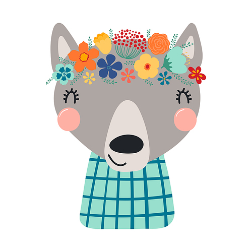 Cute funny wolf in floral wreath, t-shirt. Hand drawn cartoon character illustration. Scandinavian style flat design, isolated vector. Kids print element, flower crown, summer blooms, blossoms