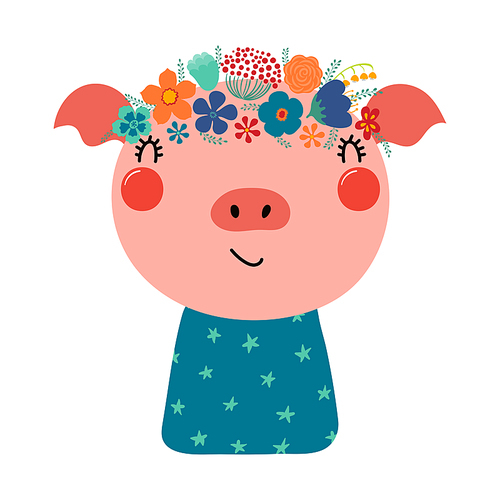 Cute funny pig in floral wreath, t-shirt. Hand drawn cartoon character illustration. Scandinavian style flat design, isolated vector. Kids print element, flower crown, summer blooms, blossoms