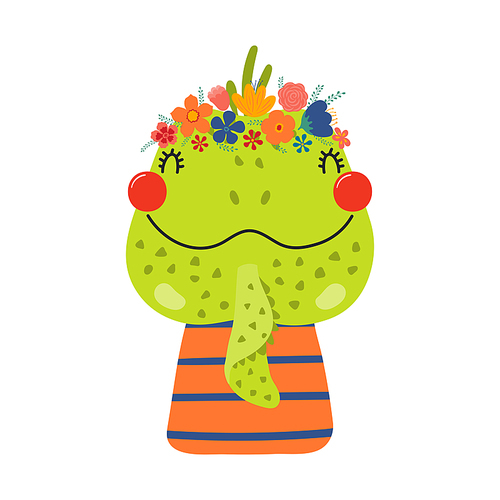 Cute funny iguana in floral wreath, t-shirt. Hand drawn cartoon character illustration. Scandinavian style flat design, isolated vector. Kids print element, flower crown, summer blooms, blossoms