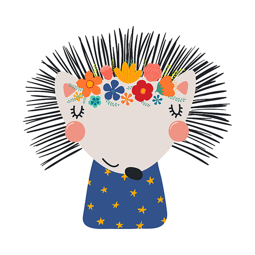 Cute funny hedgehog in floral wreath, t-shirt. Hand drawn cartoon character illustration. Scandinavian style flat design, isolated vector. Kids print element, flower crown, summer blooms, blossoms