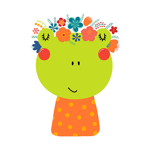 Cute funny frog in floral wreath, t-shirt. Hand drawn cartoon character illustration. Scandinavian style flat design, isolated vector. Kids print element, flower crown, summer blooms, blossoms