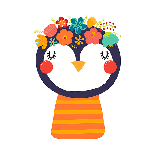 Cute funny penguin in floral wreath, t-shirt. Hand drawn cartoon character illustration. Scandinavian style flat design, isolated vector. Kids print element, flower crown, summer blooms, blossoms