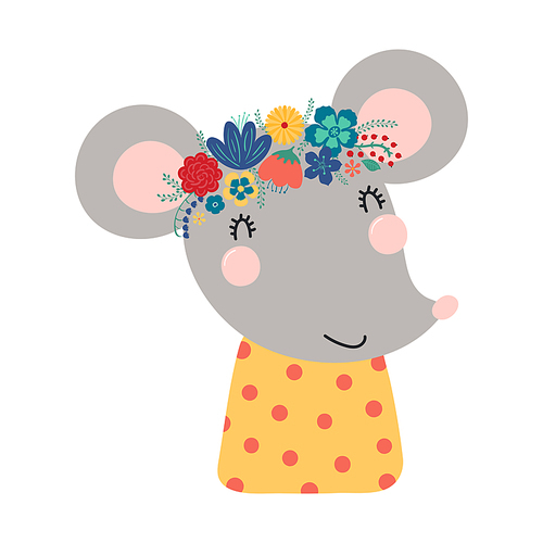 Cute funny mouse in floral wreath, t-shirt. Hand drawn cartoon character illustration. Scandinavian style flat design, isolated vector. Kids print element, flower crown, summer blooms, blossoms