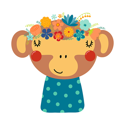 Cute funny monkey in floral wreath, t-shirt. Hand drawn cartoon character illustration. Scandinavian style flat design, isolated vector. Kids print element, flower crown, summer blooms, blossoms