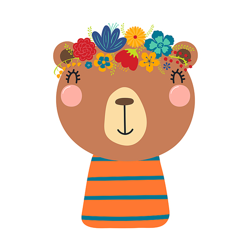 Cute funny bear in floral wreath, t-shirt. Hand drawn cartoon character illustration. Scandinavian style flat design, isolated vector. Kids print element, flower crown, summer blooms, blossoms