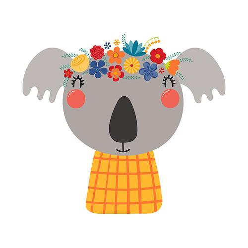 Cute funny koala in floral wreath, t-shirt. Hand drawn cartoon character illustration. Scandinavian style flat design, isolated vector. Kids print element, flower crown, summer blooms, blossoms