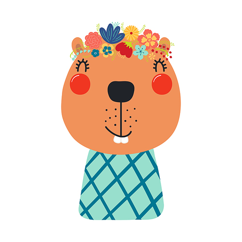 Cute funny beaver in floral wreath, t-shirt. Hand drawn cartoon character illustration. Scandinavian style flat design, isolated vector. Kids print element, flower crown, summer blooms, blossoms