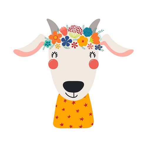 Cute funny goat in floral wreath, t-shirt. Hand drawn cartoon character illustration. Scandinavian style flat design, isolated vector. Kids print element, flower crown, summer blooms, blossoms