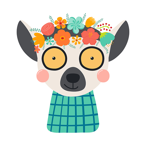 Cute funny lemur in floral wreath, t-shirt. Hand drawn cartoon character illustration. Scandinavian style flat design, isolated vector. Kids print element, flower crown, summer blooms, blossoms