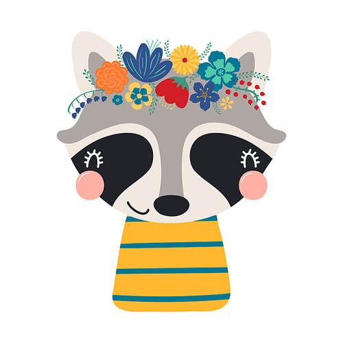 Cute funny raccoon in floral wreath, t-shirt. Hand drawn cartoon character illustration. Scandinavian style flat design, isolated vector. Kids print element, flower crown, summer blooms, blossoms