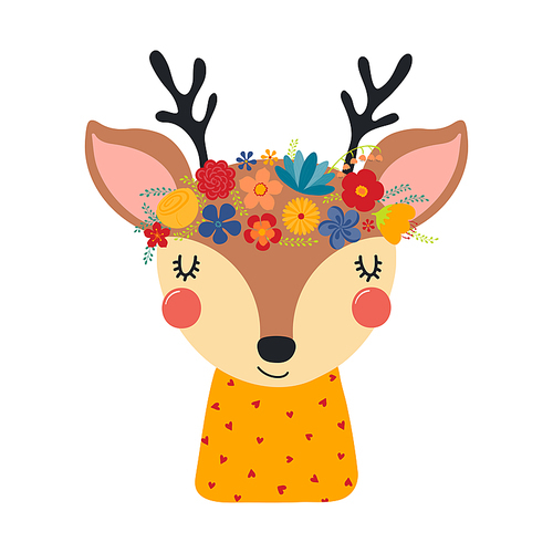 Cute funny deer in floral wreath, t-shirt. Hand drawn cartoon character illustration. Scandinavian style flat design, isolated vector. Kids print element, flower crown, summer blooms, blossoms