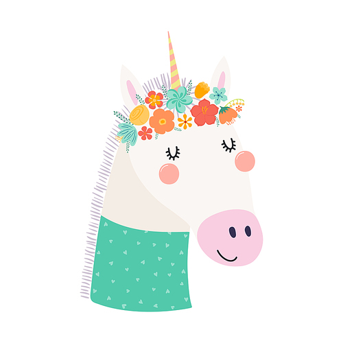 Cute funny unicorn in floral wreath, t-shirt. Hand drawn cartoon character illustration. Scandinavian style flat design, isolated vector. Kids print element, flower crown, summer blooms, blossoms