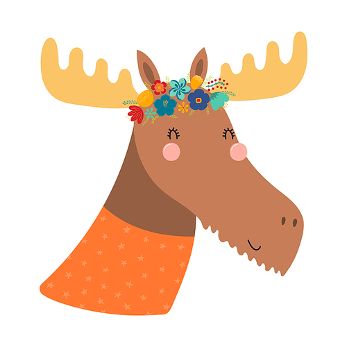 Cute funny moose in floral wreath, t-shirt. Hand drawn cartoon character illustration. Scandinavian style flat design, isolated vector. Kids print element, flower crown, summer blooms, blossoms