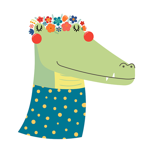 Cute funny crocodile in floral wreath, t-shirt. Hand drawn cartoon character illustration. Scandinavian style flat design, isolated vector. Kids print element, flower crown, summer blooms, blossoms