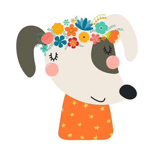 Cute funny dog in floral wreath, t-shirt. Hand drawn cartoon character illustration. Scandinavian style flat design, isolated vector. Kids print element, flower crown, summer blooms, blossoms