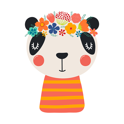 Cute funny panda in floral wreath, t-shirt. Hand drawn cartoon character illustration. Scandinavian style flat design, isolated vector. Kids print element, flower crown, summer blooms, blossoms