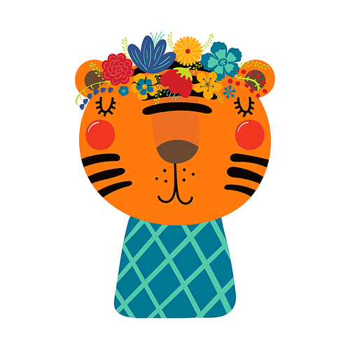 Cute funny tiger in floral wreath, t-shirt. Hand drawn cartoon character illustration. Scandinavian style flat design, isolated vector. Kids print element, flower crown, summer blooms, blossoms