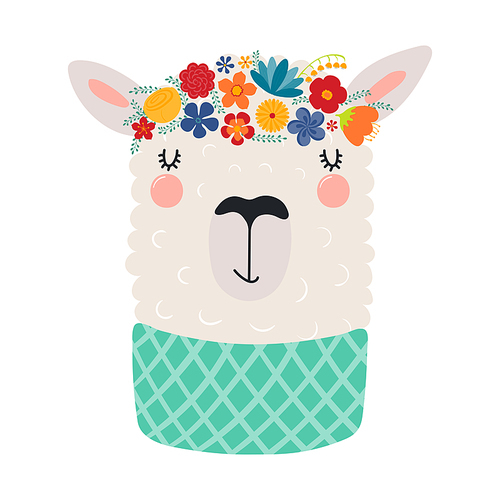 Cute funny llama in floral wreath, t-shirt. Hand drawn cartoon character illustration. Scandinavian style flat design, isolated vector. Kids print element, flower crown, summer blooms, blossoms