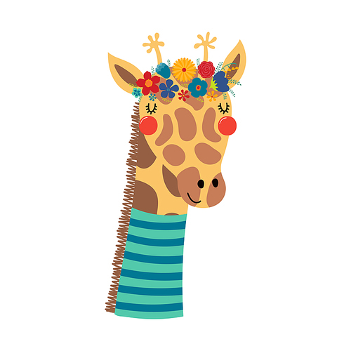 Cute funny giraffe in floral wreath, t-shirt. Hand drawn cartoon character illustration. Scandinavian style flat design, isolated vector. Kids print element, flower crown, summer blooms, blossoms