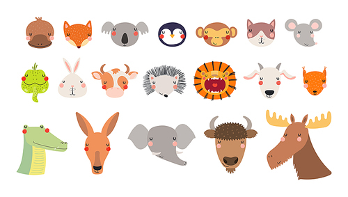 Cute funny baby animals faces illustrations set. Hand drawn cartoon characters. Scandinavian style flat design, isolated vector. Kids print elements, clipart collection, wildlife, nature, poster, card