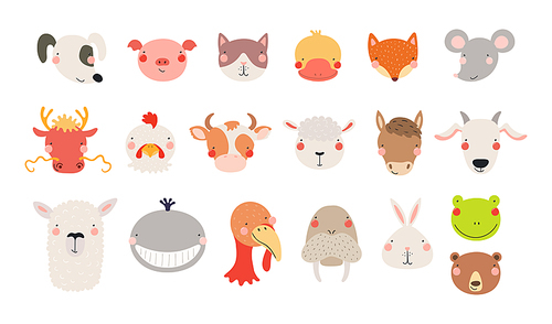 Cute funny baby animals faces illustrations set. Hand drawn cartoon characters. Scandinavian style flat design, isolated vector. Kids print elements, clipart collection, wildlife, nature, poster, card