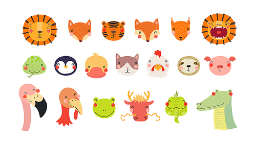 Cute funny baby animals faces illustrations set. Hand drawn cartoon characters. Scandinavian style flat design, isolated vector. Kids print elements, clipart collection, wildlife, nature, poster, card