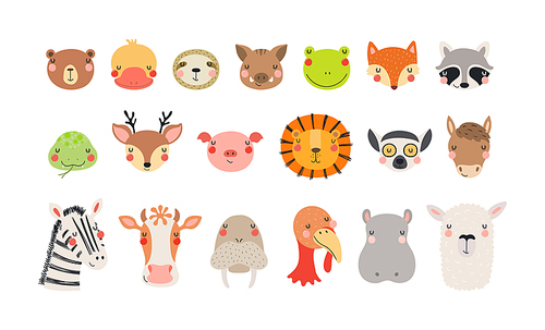 Cute funny baby animals faces illustrations set. Hand drawn cartoon characters. Scandinavian style flat design, isolated vector. Kids print elements, clipart collection, wildlife, nature, poster, card